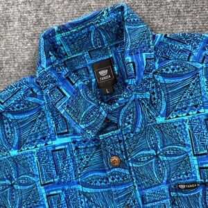 TANOA Mens Large Blue Hawaiian Print Short Sleeve Button Up Shirt Made in Fiji